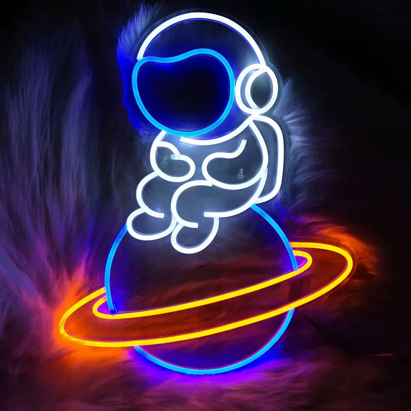 Astronaut Sitting on The Planet LED Neon Sign Light Wall Bedroom House Game Room Decor Planet Sign Spaceship for Kids Teens Gift