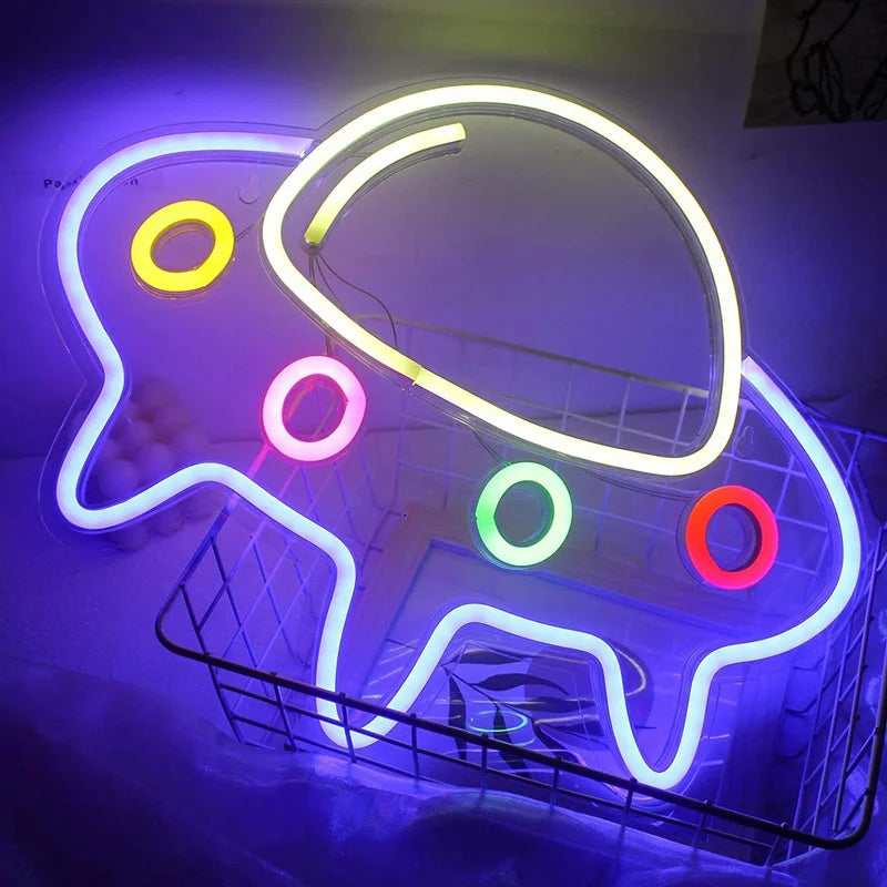 Astronaut Sitting on The Planet LED Neon Sign Light Wall Bedroom House Game Room Decor Planet Sign Spaceship for Kids Teens Gift