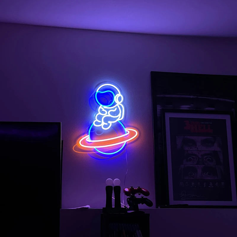 Astronaut Sitting on The Planet LED Neon Sign Light Wall Bedroom House Game Room Decor Planet Sign Spaceship for Kids Teens Gift