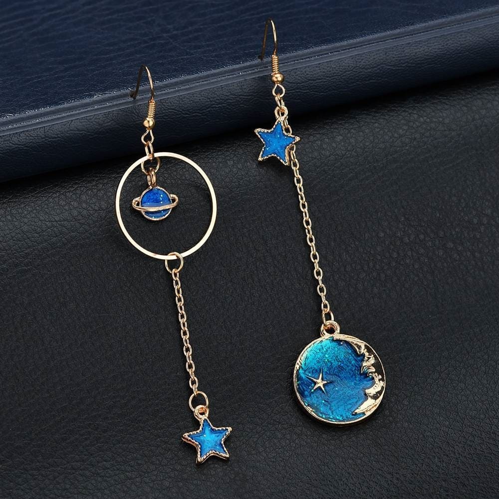 Boucles d'oreilles Lune Bleue et Saturne