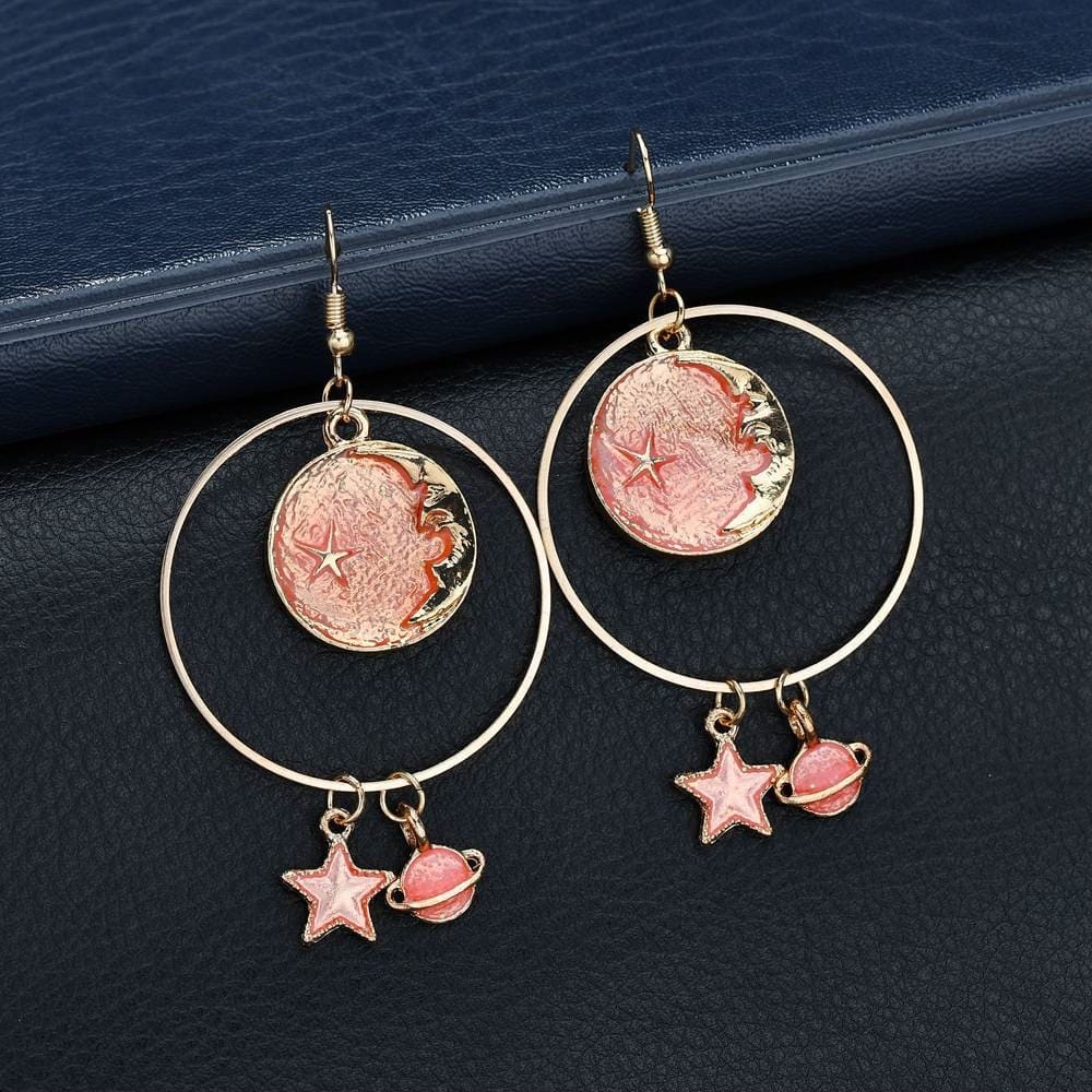 Boucles d'oreilles Lune Etoile Saturne Rose